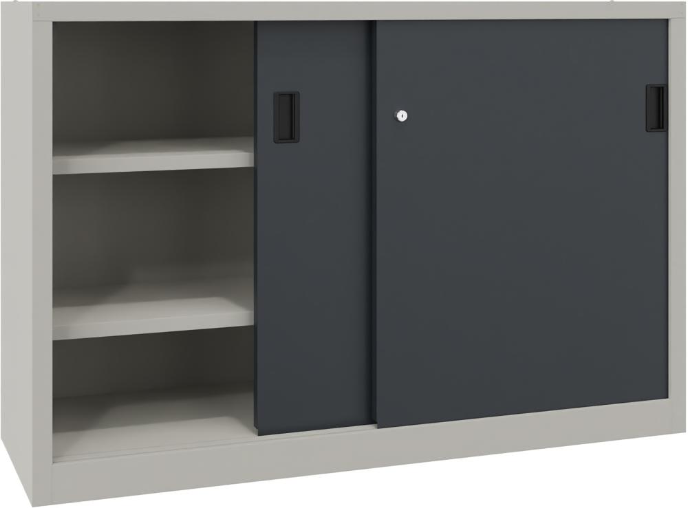 PAVOY Schwerl.-Schiebetü-renschr. m. Bl.-Türen. u.Mittelw. Böd. besch. 150-0x400x1000mm 7035/7016