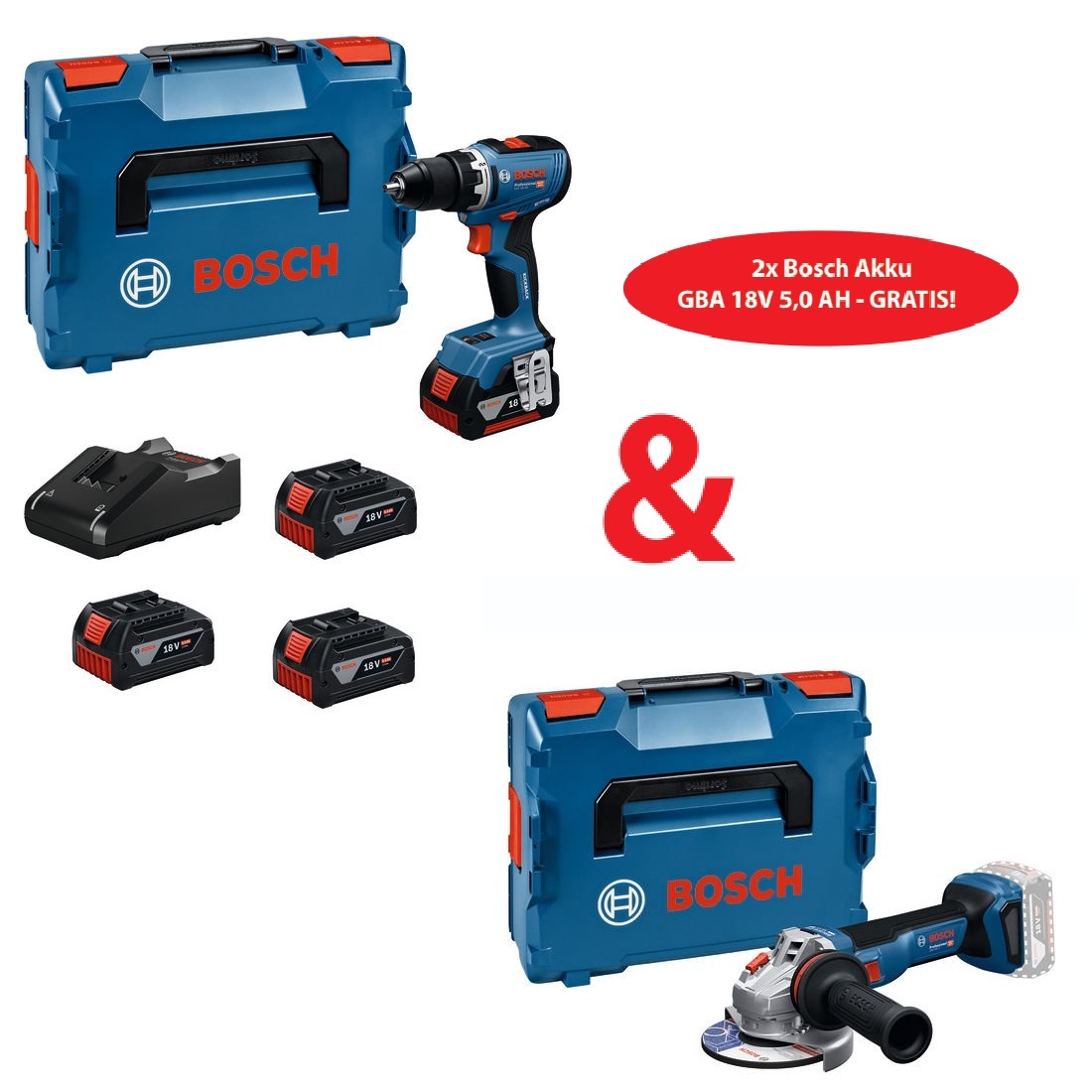 Set: Bosch Akku-Bohrschrauber GSR 18V-65 + Akku-Winkelschleifer GWS 18V-11 +  4x Bosch Akkus GBA 18 V 5.0 Ah
