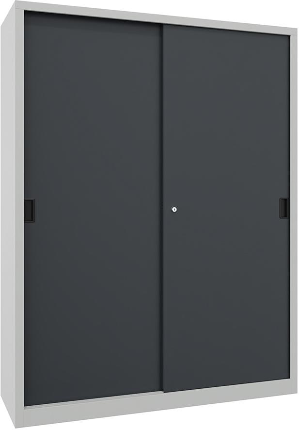 PAVOY Schwerl.-Schiebetü-renschr. m. Bl.-Türen. u.Mittelw. Böd. besch. 150-0x400x1950mm 7035/7016
