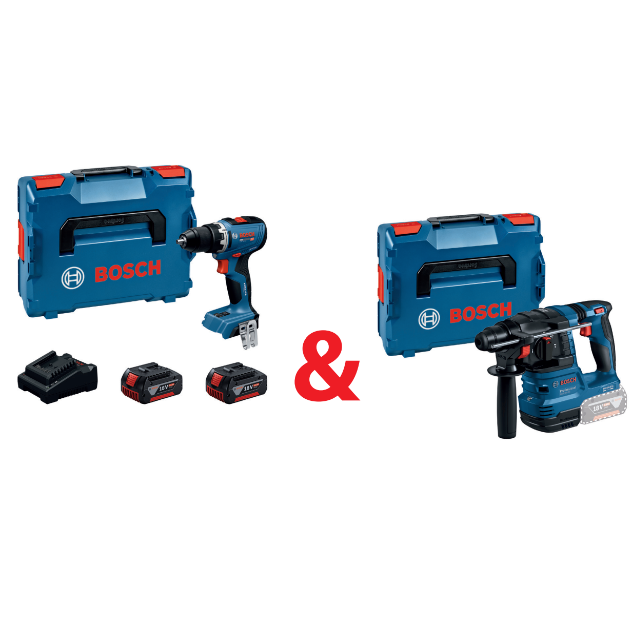 Set: Bosch Akku-Bohrschrauber GSR 18V-65 + Akku-Borhammer GBH 18V-22 + 4x Bosch Akkus GBA 18 V 5,0 Ah